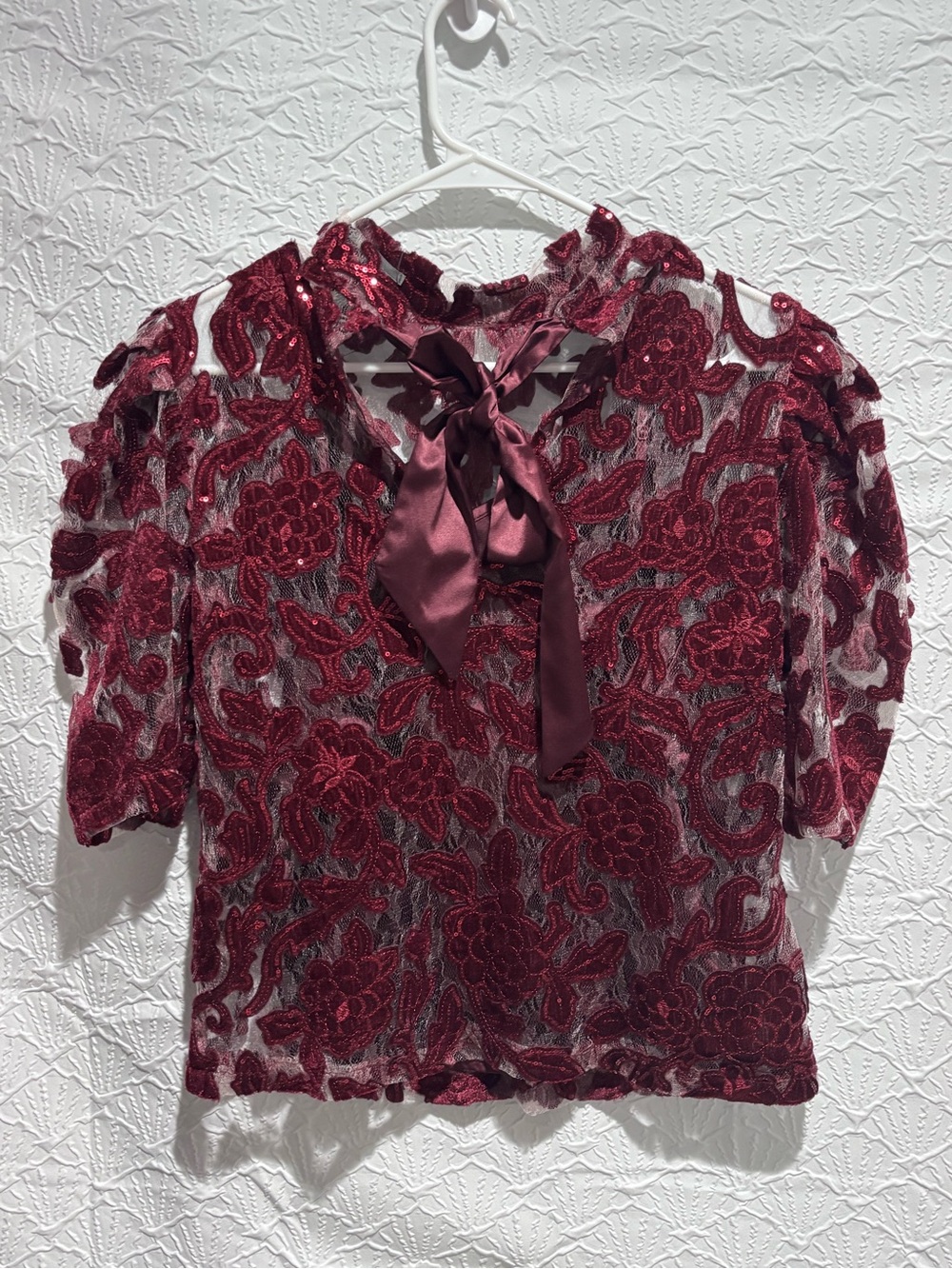 Anthropologie XS Burgundy Sequin Lace Overlay Blouse 2 Piece shirt/Tank Top - Picture 9 of 13
